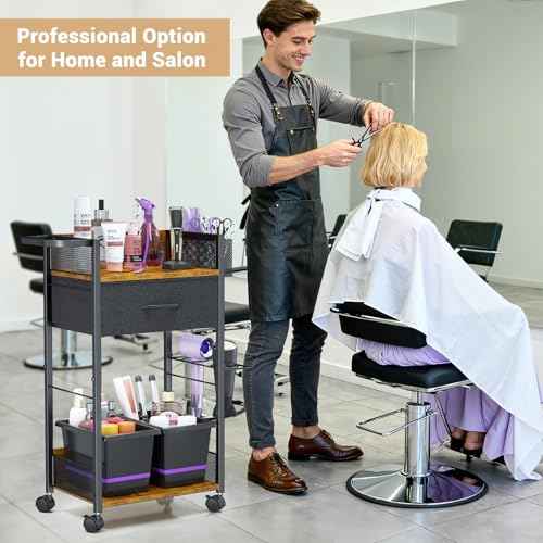 Salon Trolley Cart with Wheels, Mobile Hair Stylist Station with Metal Tool Holder & Basket, Rolling Barber Table with Fabric Drawer, Storage for Salon, Barbershop, Spa & Tattoo, Black
