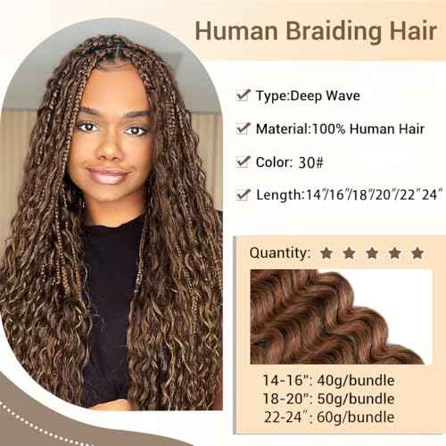 Human Braiding Hair for Boho Knotless Braids 2 Bundles 22 Inches 120g Deep Wave 10A Brazilian Virgin Human Bohemian Hair for Braiding Auburn Brown 30