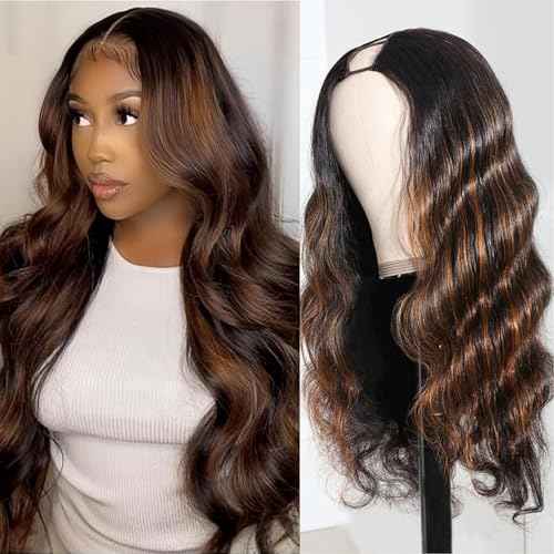 U Part Human Hair Wig Body Wave Highlight #1b/30 Ombre Brown Wig 180% Density U Part Wig Half Brazilian Virgin 100% Human Hair Wigs For Black Women Clip In Glueless No Leave Out Wig 22Inch
