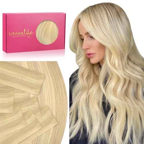WENNALIFE Invisi Edge Tape in Hair Extensions Human Hair, 20 Inch 50g 20pcs Light Blonde Highlighted Golden Blonde Invisible Luxury Remy Hair Extensions Natural Seamless Injected Tape Ins Straight