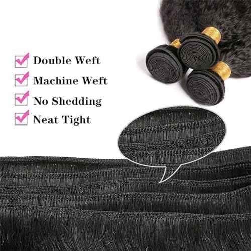 Hair Bundles 12A Yaki Kinky Straight Human Hair 3 Bundles 100% Unprocessed Mongolian Virgin Human Hair Kinky Straight Bundles Yaki Hair Natural Color (18 20 22)