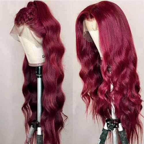 99j Burgundy Body Wave 13x4 Lace Front Wigs Red HD Transparent Lace Frontal Wigs Human Hair Pre Plucked with Baby Hair 22 inches Wine Red Colored Body Wave Wigs for Women Full and Thick 220% Density