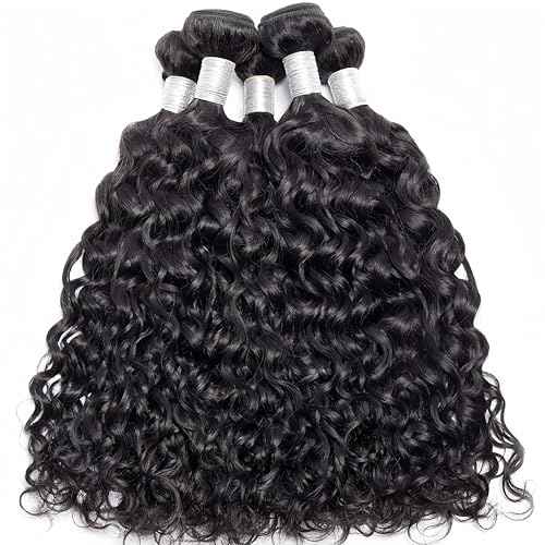 Brazilian Water Wave with Lace Closure - Wet and Wavy Hair, Deep Curly Human Hair 5 Bundles (50g/bundle) with 4x4 Lace Closure (16/16/16/16/16+16")