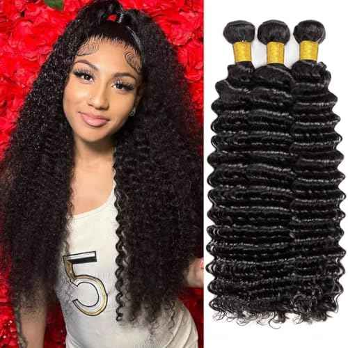 12A Deep Wave Human Hair Bundles 14 14 14 Inch Raw Curly Bundles Human Hair 100% Unprocessed 3 Bundles Brazilian Virgin Human Hair Extensions Quick Weave Natural Black Color