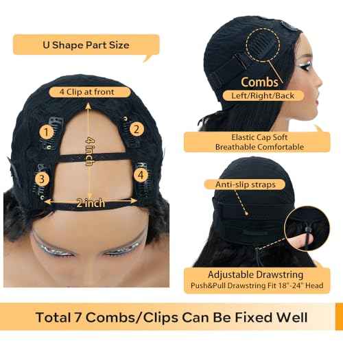 U Part Human Hair Wig Body Wave Drawstring Wig 180% Density U Part Wig Brazilian Virgin Human Hair wigs for Women Full Head Clip in Half Wigs Glueless No Leave Out Lace Front Wig Natural Color 20inch
