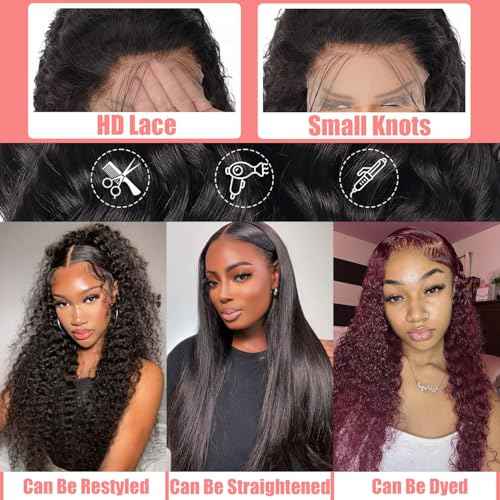 Water Wave Lace Front Wigs Human Hair 13x4 HD Transparent Lace Frontal Wigs Human Hair Pre Plucked 180% Density Water Wave Wig for Black Women Natural Color 30 Inch