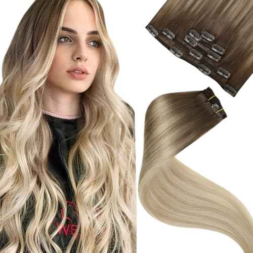 LaaVoo Clip in Hair Extensions Real Human Hair Light Brown to Ash Blonde Mix Platinum Blonde Balayage Human Hair Clip in Extensions 20 Inch 5pcs/80g
