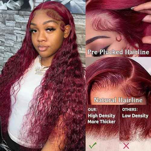 13x4 Lace Frontal Wigs Human Hair 99j Deep Wave Wigs Pre Plucked Wet and Wavy 180% Density Color Curly Human Hair Wigs for Black Women Natural Hairline (Burgundy Wig, 26 Inch)