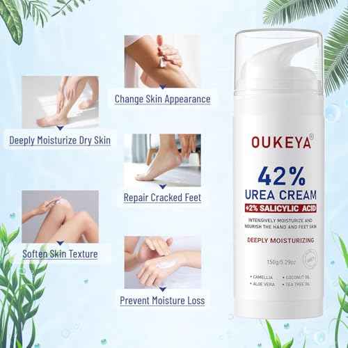 OUKEYA Urea Cream 42% plus Salicylic Acid 2% Intensive Repair Treatment for Cracked Skin on Hands, Heels, Elbows, and Lips - Relief for Dry Feet - Enhanced Pump Dispenser Packaging - Gross wt 8.03 OZ