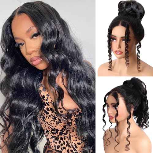 360 Lace Front Wigs Hman Hair Body Wave 360 Drawstring Human Hair Wig Glueless Pre Plucked HD Lace Pre-Bleached Knots Pre-Cut Natural Hairline (Natural Black, 18 inches)