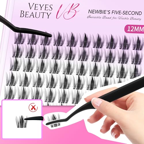 VEYESBEAUTY Lash Clusters Eyelash Extensions Thin & Invisible Band DIY Individual False Eyelashes Newbie's Five-Second Series Wispy Lash Tray for Self-application, Manga Lashes12mm Length