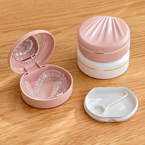 LCFALO Denture Case, Denture Case - With Mirror Convenient Denture Bath for Soaking and Cleaning for Full Dentures (pink)