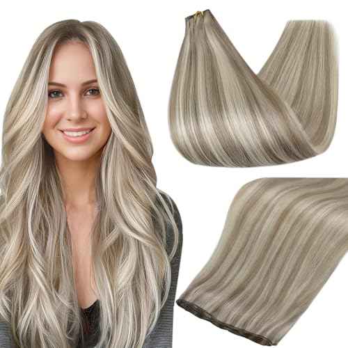 Full Shine Genius Weft Hair Extensions Color Ash Blonde Mix Bleach Blonde Human Hair Weft Sew In Invisible hair weft extensions Real Hair Hand Tied Extensions 22 Inch 80G