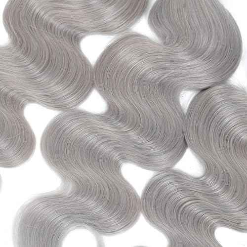 Silver Grey Body Wave Bundles Human Hair 24 Inch, Soft and Thick Short Single Bundle 100% Unprocessed 12A Remy Hair Lavender Gray Color Sew In Quick Weave Wavy