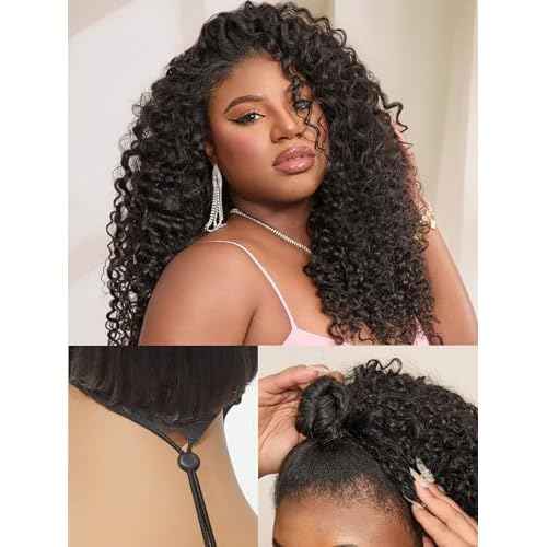 LUVME HAIR Half Wig Kinky Curly Flexi-Fit Invisi Flip Drawstring Wig 200% Density Glueless Wigs 100% Human Hair Natural Black Ready to Go Headband Wig for Women 16 Inches