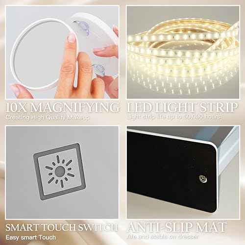 ROLOVE 16x12 Inch Vanity Mirror with Lights, Lighted Makeup Mirror with 10X Magnification, Smart Touch 3 Colors Dimmable, Dresser Mount, Bathroom (White)