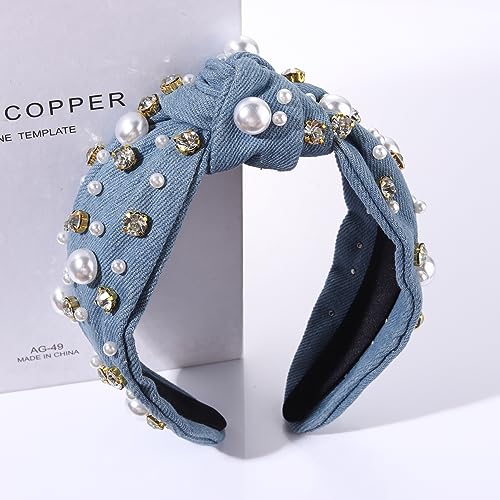 Pearl Knotted Headband for Women White Pearl Rhinestone Crystal Jeweled Embellished Hairband Fashion Elegant Ladies Wide Top Knot Bride Boho Head Band Headpieces Bachelorette Party Hair Accessories