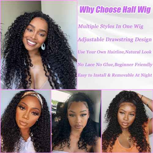 Half Wig Human Hair Deep Wave 3 In 1 Drawstring Seamless Filp Over Curly Half Wig 200% Density Wear and Go Glueless Half Wigs for Black Women Natural Color 12 Inch