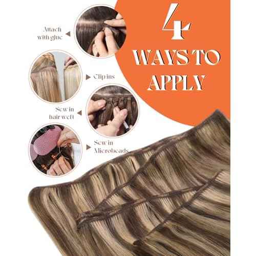 Sunny Hair Sew in Hair Extensions Real Human Hair Dark Brown with Caramel Blonde Highlights Weft Hair Extensions Human Hair Brown Sew in Extensions for Women Real Hair Bundles Human Hair 20inch 100g