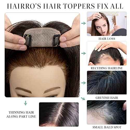Hairro Human Hair Toppers for Women, Clip in Real Hairpieces, 130% Density 3"x5" Silk Base with Free Parting, for Covering Greyish Thinning Hair Loss/Adding Volume, 8 Inch Natural Black