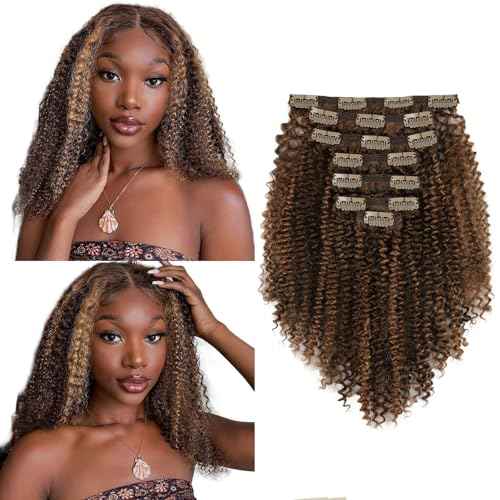 Kinky Curly Clip in Hair Extensions 120g Double Weft Curly Hair Extensions #P4/27 Dark Brown Highlight Blonde Kinky Curly Clip ins Remy Human Hair Clip in Extensions 7Pcs 18 Inch
