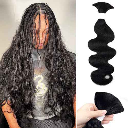 Human Braiding Hair 100g One Bundle/Pack 28 Inch Natural Black Body Wave Curly Bulk Human Hair for Braiding No Weft 100% Unprocessed Brazilian Human Hair Braiding Hair for Boho Braids