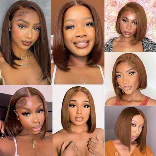 Chocolate Brown Bob Wig Human Hair Wear and Go Glueless Wigs Pre Plucked Pre Cut 4x4 Lace Closure Glueless Short Straight Bob Wigs for black women Human Hair 14 inch
