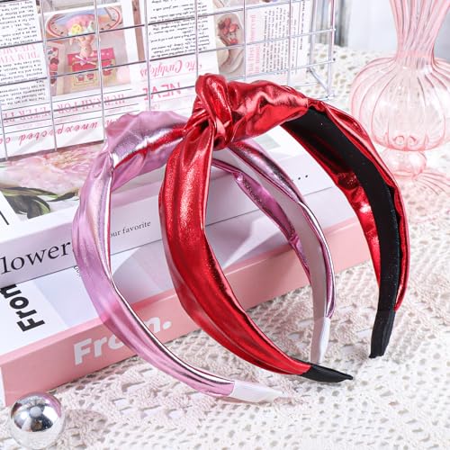 YanJie Valentines Knotted Headbands Red Sequin Headbands for Women Leather Wide Headband Top Knot Fashion Hairband Sparkle Headwear Glitter Hair Accessories for Girls Pink