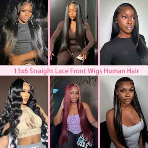 24 Inch 13x6 Lace Front Wigs Human Hair 200 Density HD Lace Front Wigs Human Hair Pre Plucked Glueless Wigs Human Hair for Women Straight Lace Frontal Wigs Natural Color (Natural Black, 24)