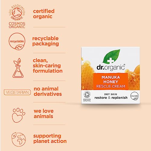 Dr. Organic Manuka Honey Rescue Cream | Nourishing and Soothing Face Cream for Dry Skin, Intensive Hypoallergenic Emollient, Certified Organic, Paraben & SLS-Free, Natural, 50 ml / 1.7 fl oz