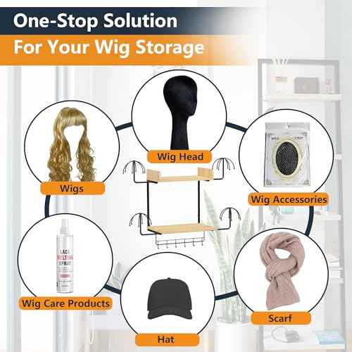 Hanging Wig Organizer with 6 Hooks, Wall Mounted Wig Stand and Wooden Storage Shelf