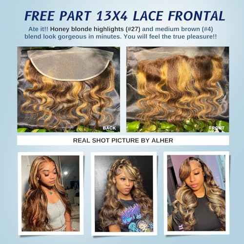 ALHER #F4/27 Honey Blonde Highlight 13x4 Lace Frontal Closure Human Hair Body Wave, Balayage Ombre Colored Ear to Ear 13 x 4 HD Transparent Lace Frontal Baby Hair£¨150% Density, 14 Inch)