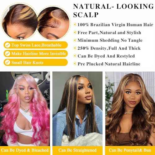 Durya Honey Blonde Ombre Lace Front Wig Human Hair Highlight Body Wave Lace Front Wigs Human Hair Pre Plucked Glueless 5x5 HD Lace Closure Wig for Women 4/27 Colored 250 Density 28 Inch