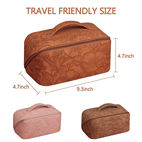 BAKLUCK Travel Makeup Bag Cosmetic Bag with Compartments Large Capacity Water Resistant PU Leather Makeup Bag Lay Flat Makeup Bag Portable Floral Makeup Bag for Women and Girl Caramel