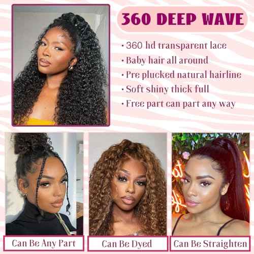 Hidden Strap 360 Lace Front Wigs Human Hair Deep Wave Wig with Drawstring Upgraded Full Lace Frontal Human Hair Wigs Pre Plucked 360 Deep Wave Lace Front Wigs For Black Women (18 Inch)
