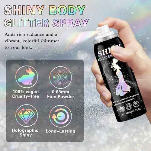 Body Glitter Spray, 60ML Shiny Silver Glitter Spray for Hair Body and Clothes,Long-Lasting Quick-Drying Holographic Ultra Fine Powder Glitter Hairspray for Festival Rave Stage Prom 2.11 Fl Oz