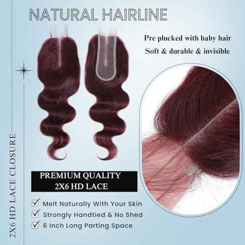 ALHER #99j Dark Burgundy Body Wave Bundles with 2x6 Closure, Purplish Wine Red Color 3 Bundles with 2x6 Long Deep Part Closure With Baby Hair, 100% Real Human Hair 10 12 14 +10 Inch