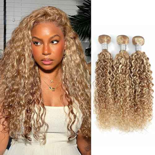27/613 Highlighted Multi-Blonde Bundles Human Hair Water Wave, 13A Grade Ombre Blonde Human Hair Wet n Wavy Curly 3 Bundles 100% Raw Brazilian Silky Colored Hair Weaves Extension 10/12/14 Inch