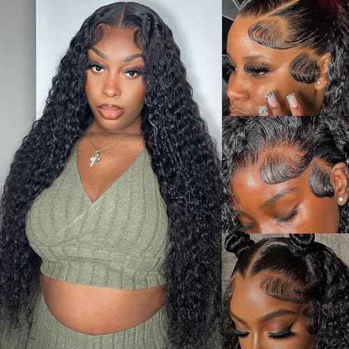 13x6 Deep Wave Lace Front Wigs Human Hair 180% Density Curly Glueless Wigs Wet and Wavy Wigs Pre Plucked for Women 20 Inch