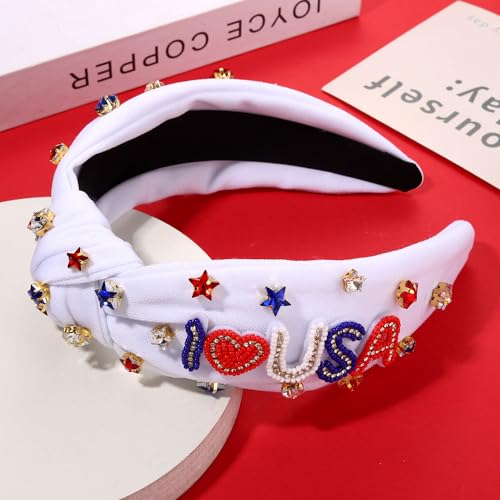 4th of July Headbands for Women American Flag Headband Patriotic Red Blue White Star Knotted Headband Embellished Rhinestone Wide Top Knot Headband 4th of July Hair Accessories Outfits Gifts (White 4)