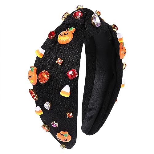 MOLOCH Halloween Headband Spooky Pumpkin Candy Corn Knotted Headband Jeweled Crystal Embellished Headband Black Halloween Costume Headwear Hair Accessories