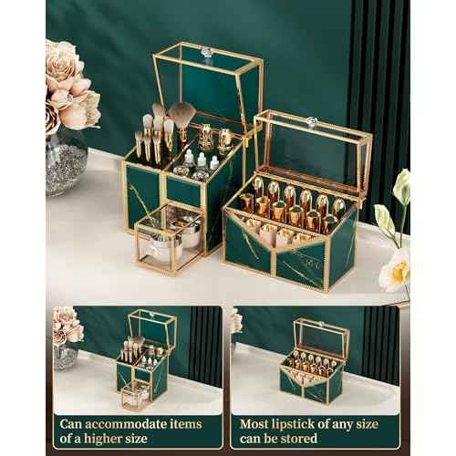 Makeup Organizer Countertop Set ? Vanity Holder with 18-Slot Lipstick Organizer & Covered Makeup Brush Holder ? Skincare, Perfume & Cosmetic Display for Bathroom or Dresser