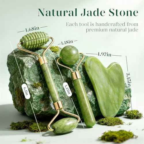 BAIMEI IcyMe Gua Sha and Jade Roller for Face, Natural Jade Face Roller with Ridge Design for Reducing Puffiness & Skin Firming,Facial Sculpting Tool, Self Care Gift for Women Men