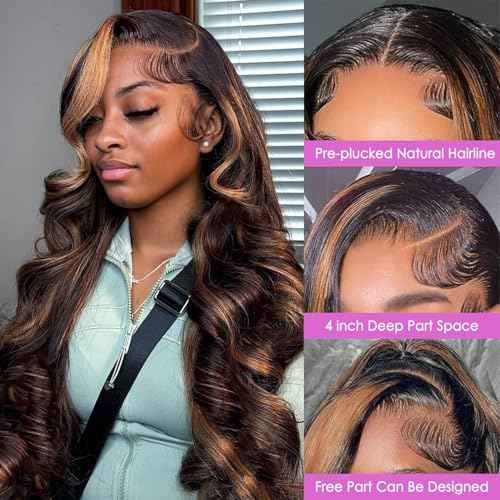 Body Wave Lace Front Wigs Human Hair 1B/30 Highlight Ombre Lace Front Wig Human Hair 13x4 Transparent Lace Frontal Black with Brown Highlight Wig for Women 200 Density Glueless Wigs 24 Inch
