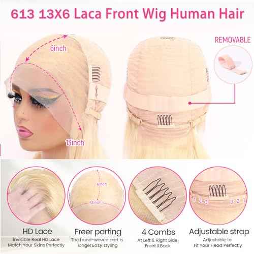 613 Lace Front Wig Human Hair 200 Density 13x6 Body Wave Blonde Wig Human Hair 613 HD Blonde Lace Front Wigs 613 Lace Frontal Wigs Pre Plucked for Women (24 Inch)