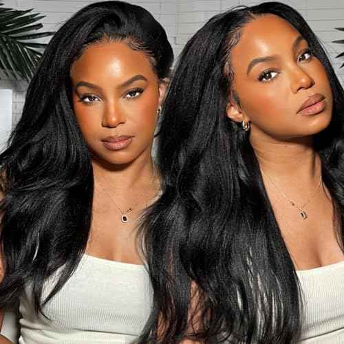 Sunber V Part Wig Human Hair Glueless Wig Kinky Straight Upgrade No Leave Out Vpart Kinky Straight Wigs 150% Density Glueless Clip in Half Wigs No Glue No Sew in Beginner Friendly 18Inch