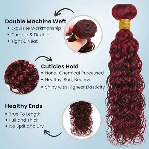 ALHER 2x6 HD Lace Closure with Bundles Human Hair 99j Dark Burgundy Water Wave, Cherry Wine Red Colored Virgin Remy 3 Bundles and 2x6 Long Deep Middle Part Kim K Closure With Baby Hair 10 12 14 +10 IN