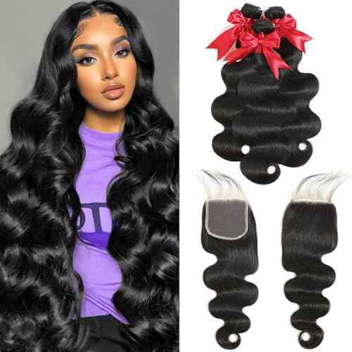 12A Body Wave Bundles with Closure Human Hair 12 14 16+10 Inch Brazilian Virgin Body Wave Human Hair Weave 3 Bundles with 4x4 HD Lace Closure