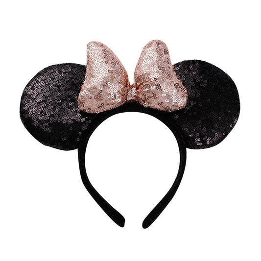 YOVECATHOU Mouse Deluxe Ear Bow Headbands Sequins Hairbands Women Hair Accessories For Cosplay Costume Party (Black Champagne)