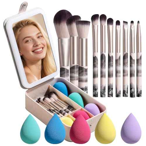 BS-MALL large Led Makeup Mirror Case Travel Makeup Brushes Set 15 Pcs ? LED Light Mirror with Makeup Sponge for Enhanced Beauty Routine Desk Stand Led Mirror